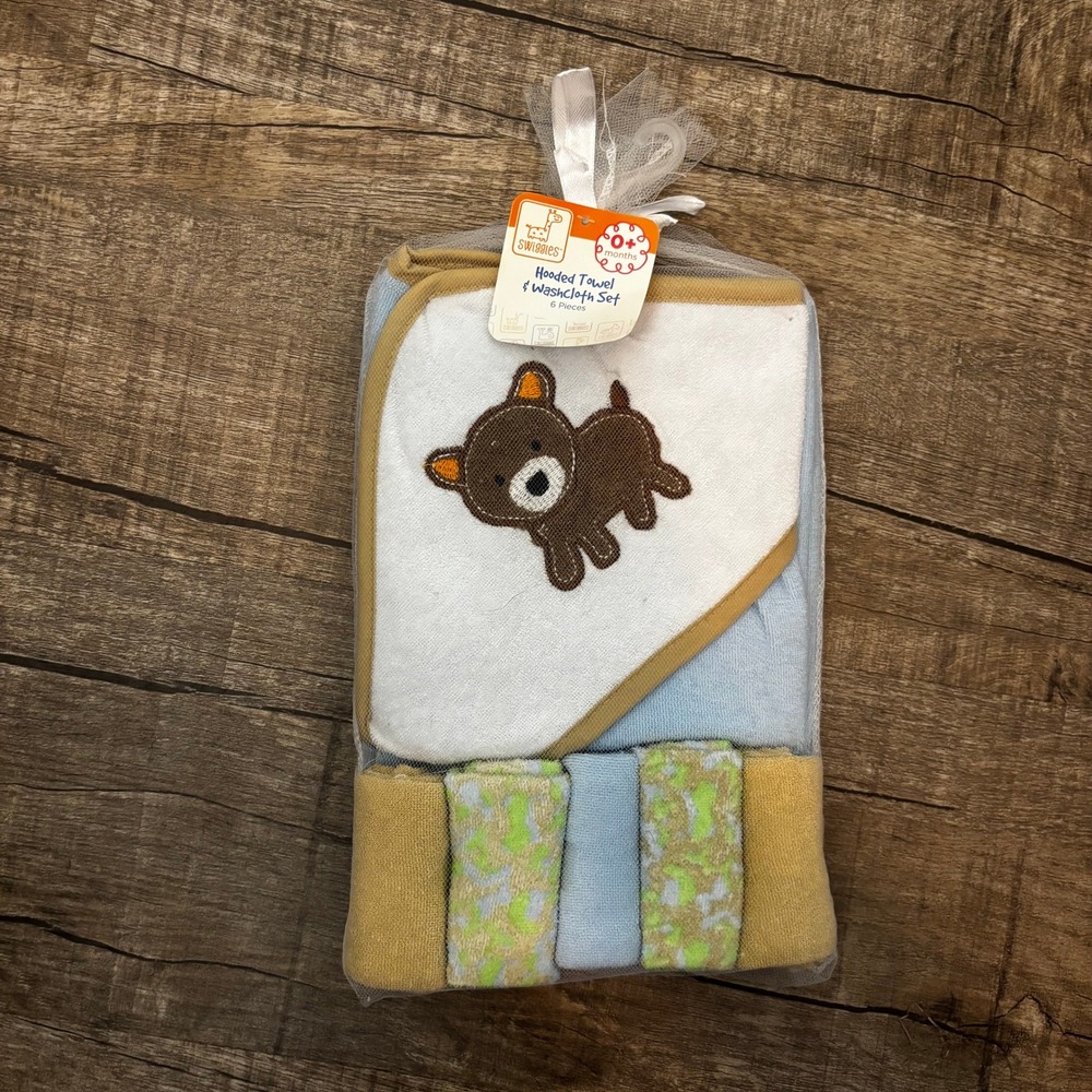 Swiggles Hooded Towel‎ Washcloth Set 6 Pieces Baby Boy Girl Bear Theme